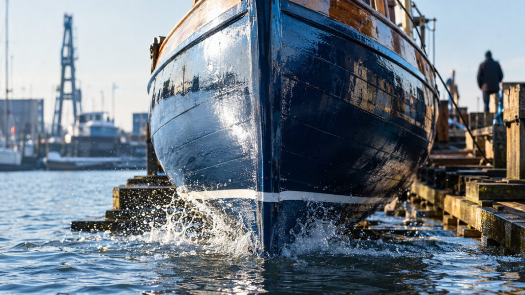 Der frisch lackierte dunkelblaue Bug eines hölzernen Kutters taucht am Fuß der geölten Helling ins Hafenwasser, Gischt spritzt am Steven hoch, kaltes Morgenlicht glänzt auf dem nassen Lack