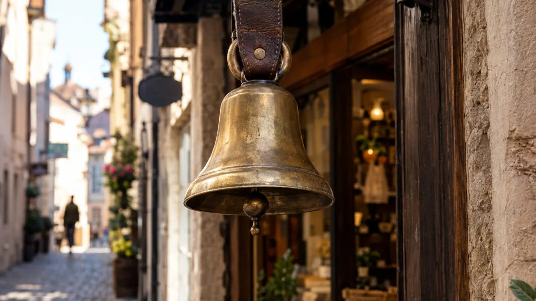 Abgegriffene Messingglocke an einem Lederriemen über einer Ladentür