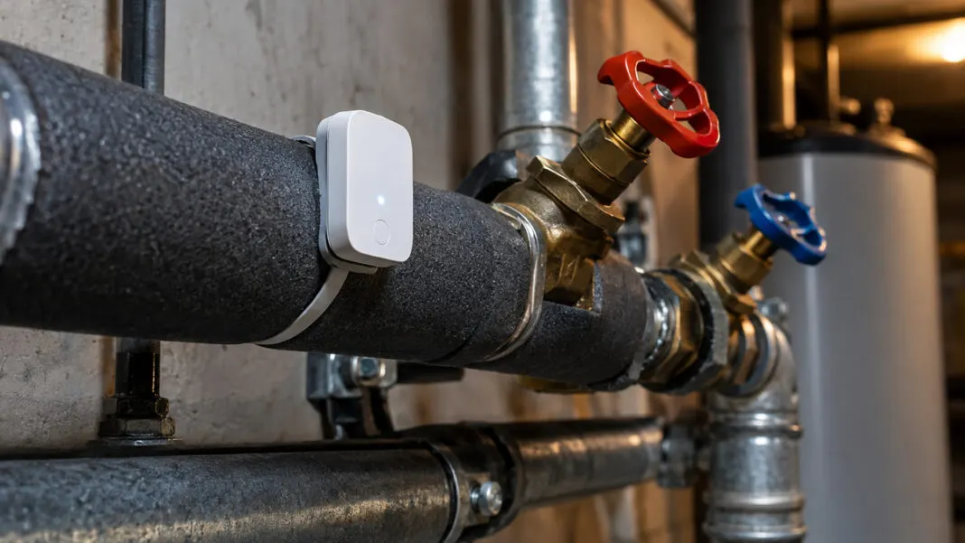 Ein kleiner weisser Funksensor an einer gedaemmten Heizungsleitung neben Absperrventilen