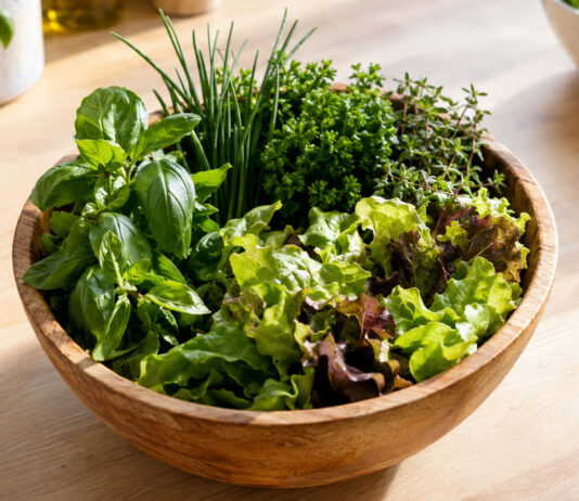 Frisch geerntete Kräuter und junge Salatblätter in einer Holzschale auf einer Küchenarbeitsplatte