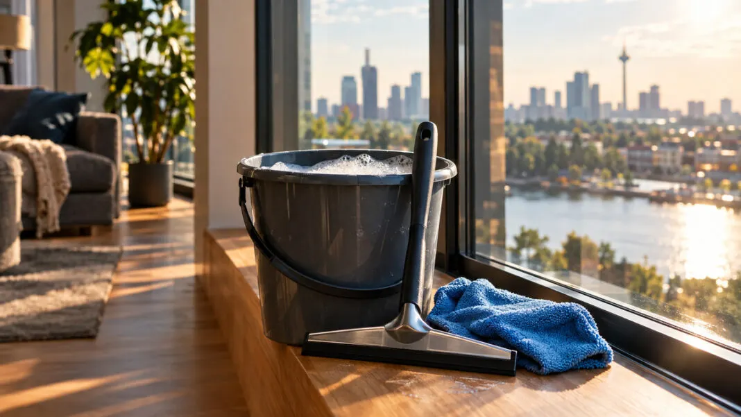 Eimer mit Seifenwasser, Abzieher und Tuch auf einer Fensterbank vor einer großen Glasfront