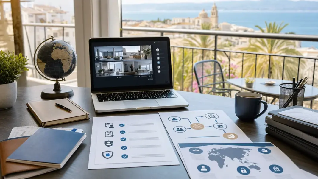 Schreibtisch mit Laptop, Reisedokumenten und Checkliste zum Homeoffice im Ausland für Arbeitgeber