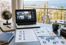 Schreibtisch mit Laptop, Reisedokumenten und Checkliste zum Homeoffice im Ausland für Arbeitgeber