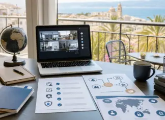 Schreibtisch mit Laptop, Reisedokumenten und Checkliste zum Homeoffice im Ausland für Arbeitgeber