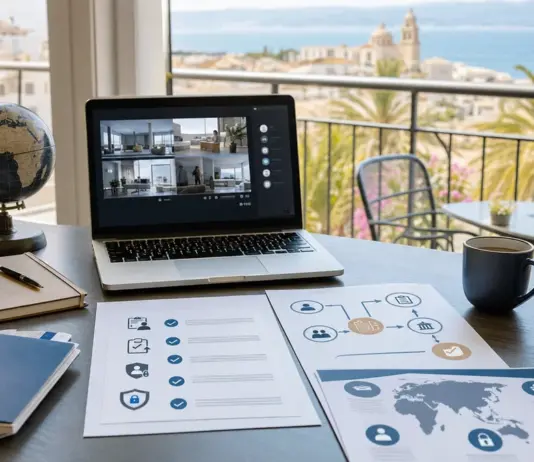 Schreibtisch mit Laptop, Reisedokumenten und Checkliste zum Homeoffice im Ausland für Arbeitgeber