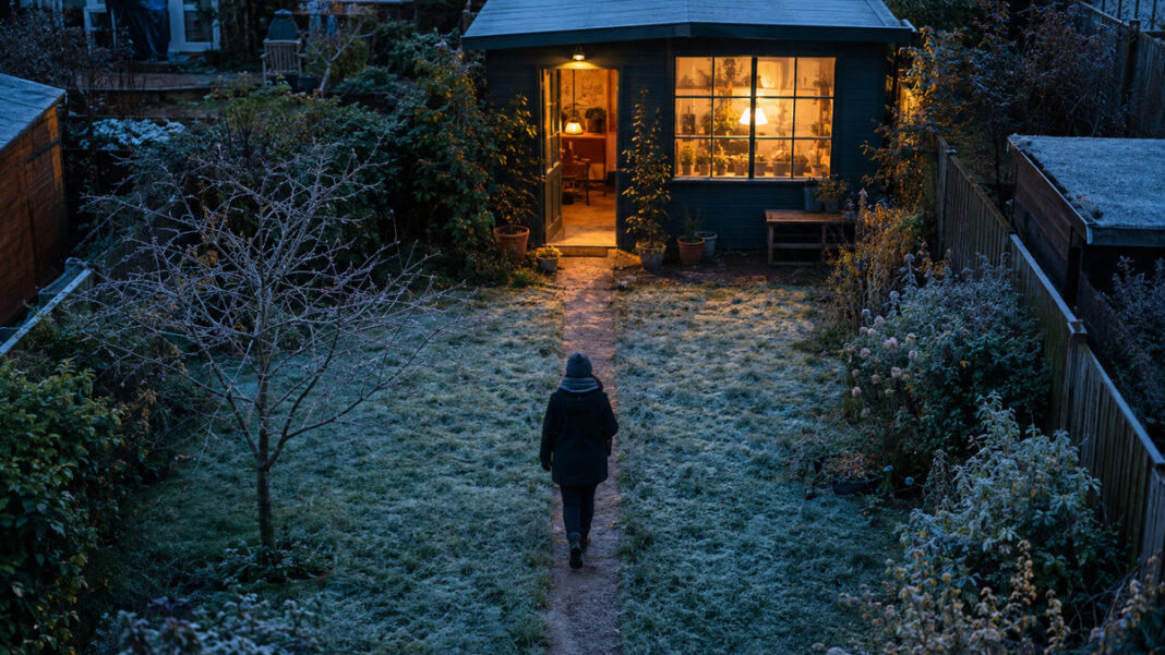 Ein blank getretener Pfad quert den bereiften Rasen vom Wohnhaus zur Tür eines kleinen Gartenateliers, aus dessen Sprossenfenster warmes Lampenlicht in die blaue Morgendämmerung fällt