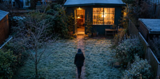 Ein blank getretener Pfad quert den bereiften Rasen vom Wohnhaus zur Tür eines kleinen Gartenateliers, aus dessen Sprossenfenster warmes Lampenlicht in die blaue Morgendämmerung fällt