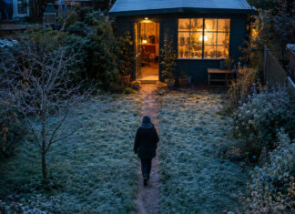 Ein blank getretener Pfad quert den bereiften Rasen vom Wohnhaus zur Tür eines kleinen Gartenateliers, aus dessen Sprossenfenster warmes Lampenlicht in die blaue Morgendämmerung fällt