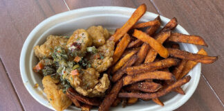 Frittiertes Haehnchen mit Hot Honey und Suesskartoffelpommes auf einem Teller