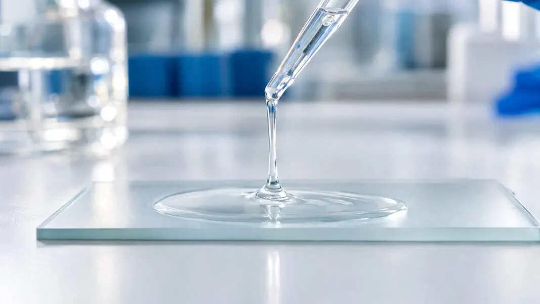 Klares Gel tropft aus einer Pipette auf eine mattierte Glasplatte und verläuft zu einem dünnen Film