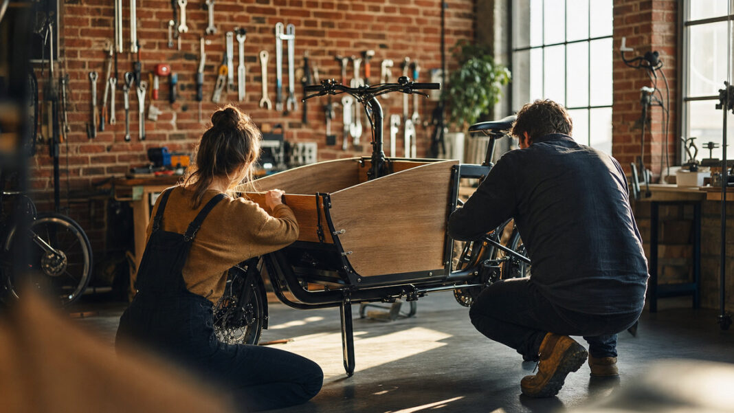 Designerin und Ingenieur bauen gemeinsam an einem Lastenrad-Prototyp Designerin und Ingenieur bauen gemeinsam an einem Lastenrad-Prototyp