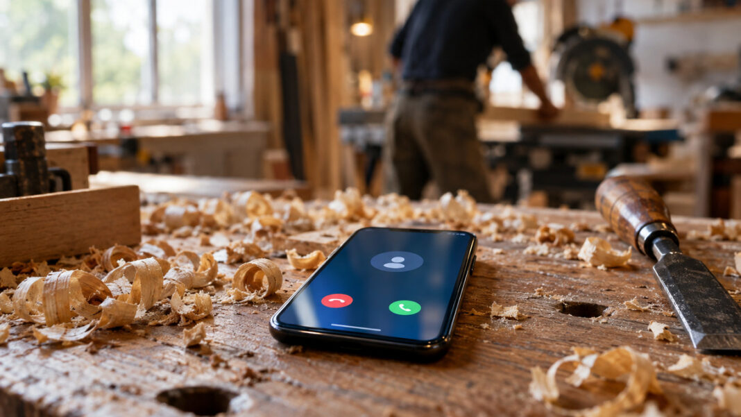 immerruf-ki-telefonassistent Smartphone mit eingehendem Anruf auf einer Hobelbank zwischen Holzspänen, im Hintergrund ein Tischler an der Säge