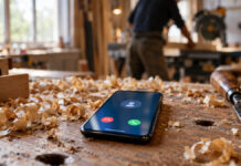 Smartphone mit eingehendem Anruf auf einer Hobelbank zwischen Holzspänen, im Hintergrund ein Tischler an der Säge