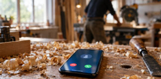 Smartphone mit eingehendem Anruf auf einer Hobelbank zwischen Holzspänen, im Hintergrund ein Tischler an der Säge