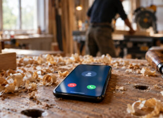 Smartphone mit eingehendem Anruf auf einer Hobelbank zwischen Holzspänen, im Hintergrund ein Tischler an der Säge