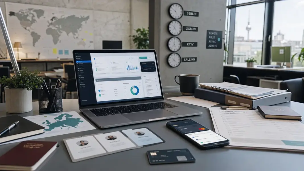 Moderner Startup-Arbeitsplatz mit Remote-Setup, Banking-Tools und internationaler Teamorganisation