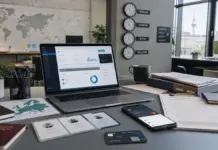 Moderner Startup-Arbeitsplatz mit Remote-Setup, Banking-Tools und internationaler Teamorganisation