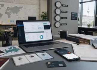 Moderner Startup-Arbeitsplatz mit Remote-Setup, Banking-Tools und internationaler Teamorganisation