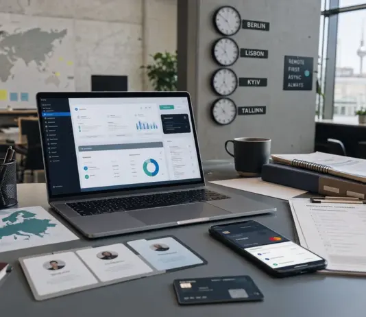 Moderner Startup-Arbeitsplatz mit Remote-Setup, Banking-Tools und internationaler Teamorganisation