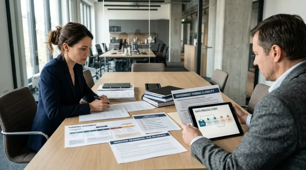 invest-zuschuss-startup Gründerteam bereitet INVEST Zuschuss und Angel-Finanzierung mit Unterlagen im Meetingraum vor