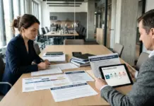 INVEST Zuschuss für Wagniskapital 2026: So machst du dein Startup angel-ready Gründerteam bereitet INVEST Zuschuss und Angel-Finanzierung mit Unterlagen im Meetingraum vor
