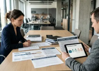 Gründerteam bereitet INVEST Zuschuss und Angel-Finanzierung mit Unterlagen im Meetingraum vor