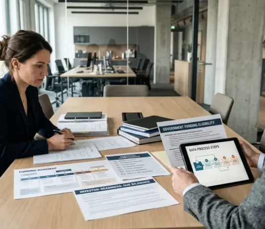 Gründerteam bereitet INVEST Zuschuss und Angel-Finanzierung mit Unterlagen im Meetingraum vor