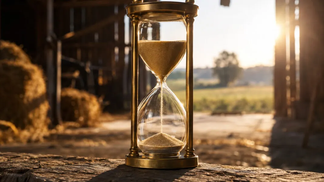 Messing-Sanduhr auf einer Eichenbohle, der Sand rieselt nach unten