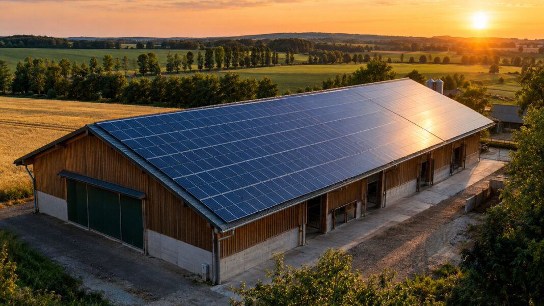 Hallendach eines landwirtschaftlichen Betriebs mit Solarmodulen im Abendlicht, dahinter Felder und Baumreihen