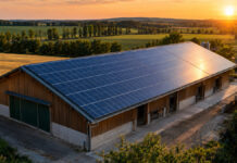 Hallendach eines landwirtschaftlichen Betriebs mit Solarmodulen im Abendlicht, dahinter Felder und Baumreihen
