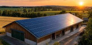 Hallendach eines landwirtschaftlichen Betriebs mit Solarmodulen im Abendlicht, dahinter Felder und Baumreihen