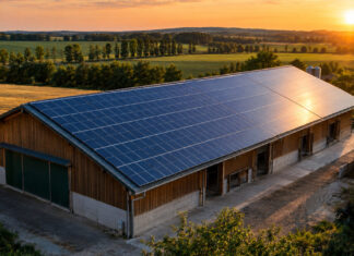 Hallendach eines landwirtschaftlichen Betriebs mit Solarmodulen im Abendlicht, dahinter Felder und Baumreihen