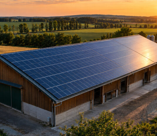 Hallendach eines landwirtschaftlichen Betriebs mit Solarmodulen im Abendlicht, dahinter Felder und Baumreihen