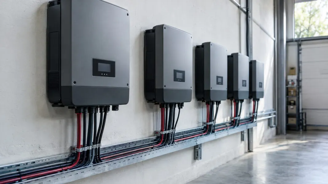 Reihe grauer Wechselrichter an einer hellen Betonwand im Technikraum einer Lagerhalle