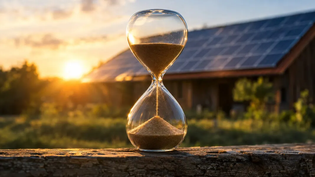 Gläserne Sanduhr auf einem rauen Holzbalken, dahinter unscharf ein Scheunendach mit Solarmodulen im Gegenlicht