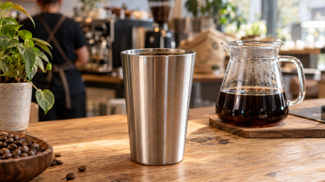 IRISgo bei der Höhle der Löwen: Thermobecher mit Blendenverschluss Mehrwegbecher aus Edelstahl auf einem Cafétresen neben einer Kaffeekanne