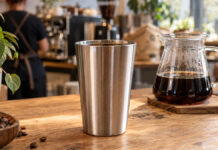 IRISgo bei der Höhle der Löwen: Thermobecher mit Blendenverschluss Mehrwegbecher aus Edelstahl auf einem Cafétresen neben einer Kaffeekanne