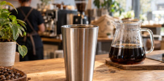 Mehrwegbecher aus Edelstahl auf einem Cafétresen neben einer Kaffeekanne