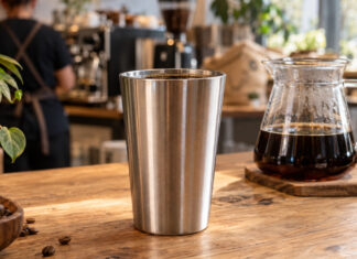 Mehrwegbecher aus Edelstahl auf einem Cafétresen neben einer Kaffeekanne