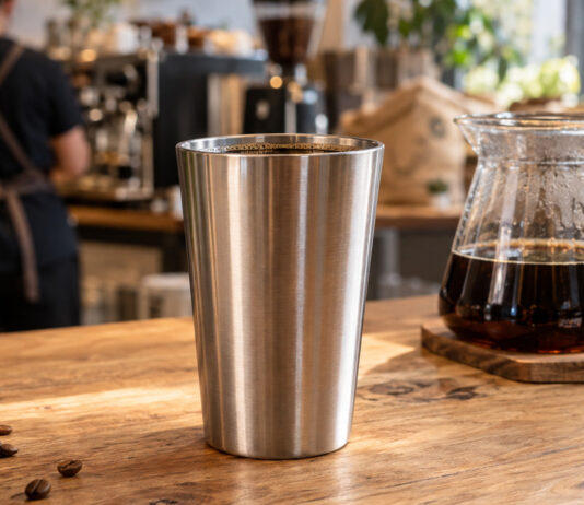 Mehrwegbecher aus Edelstahl auf einem Cafétresen neben einer Kaffeekanne