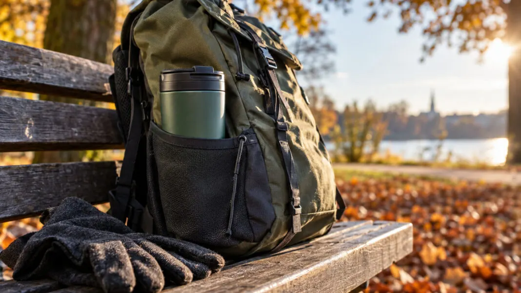 Mehrwegbecher in der Seitentasche eines Rucksacks auf einer Parkbank