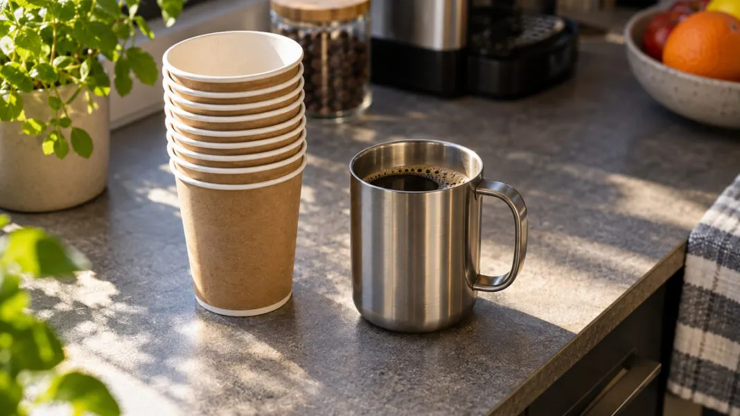 Stapel Einwegbecher neben einem Mehrwegbecher aus Metall auf einer Arbeitsplatte