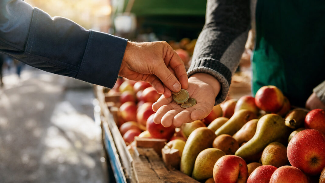 Kundin bezahlt am Obststand, Münzen wechseln die Hand