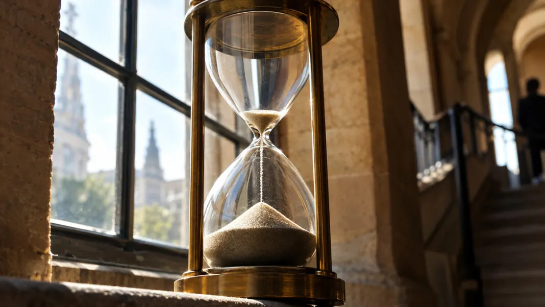 Messing-Sanduhr auf einem Steinsims, der obere Kolben fast leer