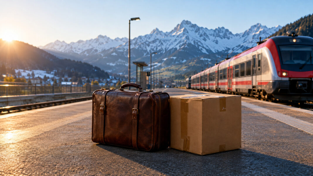 Ein Lederkoffer und ein Umzugskarton auf einem Bahnsteig, dahinter ein Regionalzug und schneebedeckte Alpengipfel im Morgenlicht (Symbolbild, mit KI erzeugt)