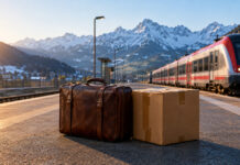 Ein Lederkoffer und ein Umzugskarton auf einem Bahnsteig, dahinter ein Regionalzug und schneebedeckte Alpengipfel im Morgenlicht (Symbolbild, mit KI erzeugt)