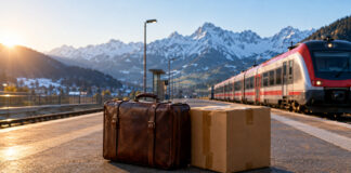 Ein Lederkoffer und ein Umzugskarton auf einem Bahnsteig, dahinter ein Regionalzug und schneebedeckte Alpengipfel im Morgenlicht (Symbolbild, mit KI erzeugt)