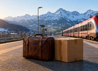 Jenke Report „Raus aus Deutschland“: Warum immer mehr Deutsche auswandern Ein Lederkoffer und ein Umzugskarton auf einem Bahnsteig, dahinter ein Regionalzug und schneebedeckte Alpengipfel im Morgenlicht (Symbolbild, mit KI erzeugt)