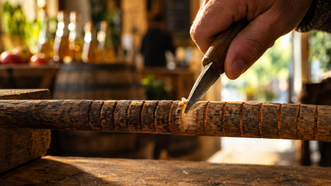 Eine Hand schneidet mit einem Schnitzmesser eine frische Kerbe in eine lange Reihe gleichmäßiger Kerben auf einem abgegriffenen Holzstab, die älteren Kerben nachgedunkelt, warmes Seitenlicht