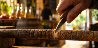 Eine Hand schneidet mit einem Schnitzmesser eine frische Kerbe in eine lange Reihe gleichmäßiger Kerben auf einem abgegriffenen Holzstab, die älteren Kerben nachgedunkelt, warmes Seitenlicht